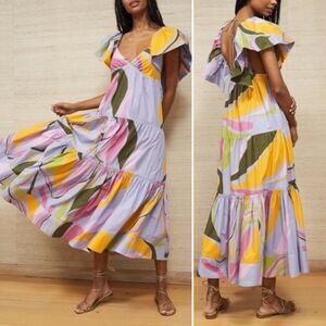 NWT La Ligne Stella Tiered Ruffle Cotton Midi Dress Lavender Swirl Size Medium